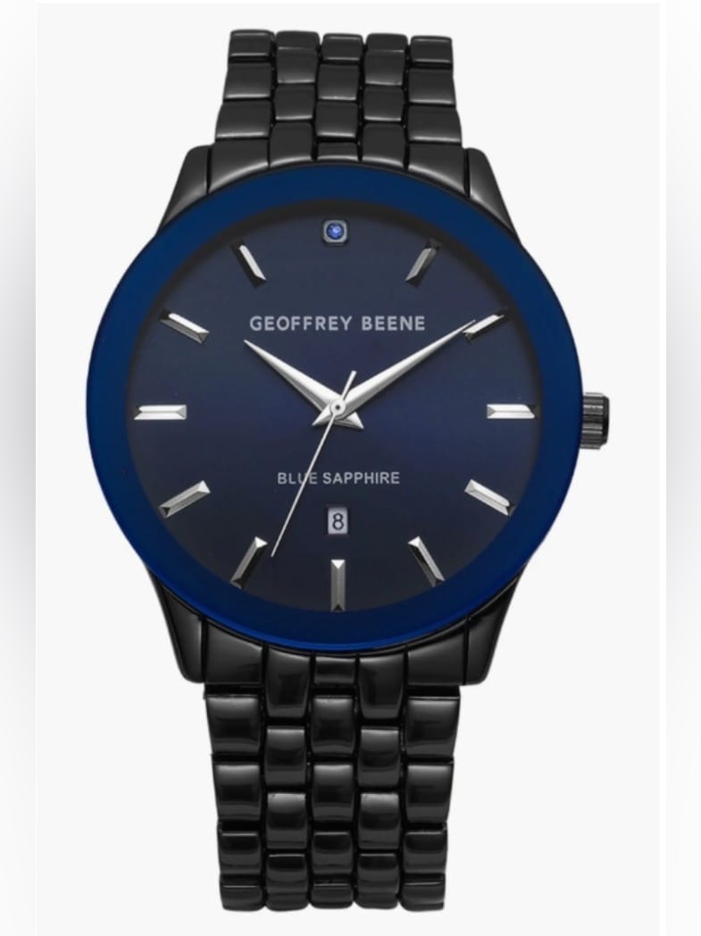NWOB Geoffrey Beene Navy Blue Dial Black Bracelet Watch 41 mm
